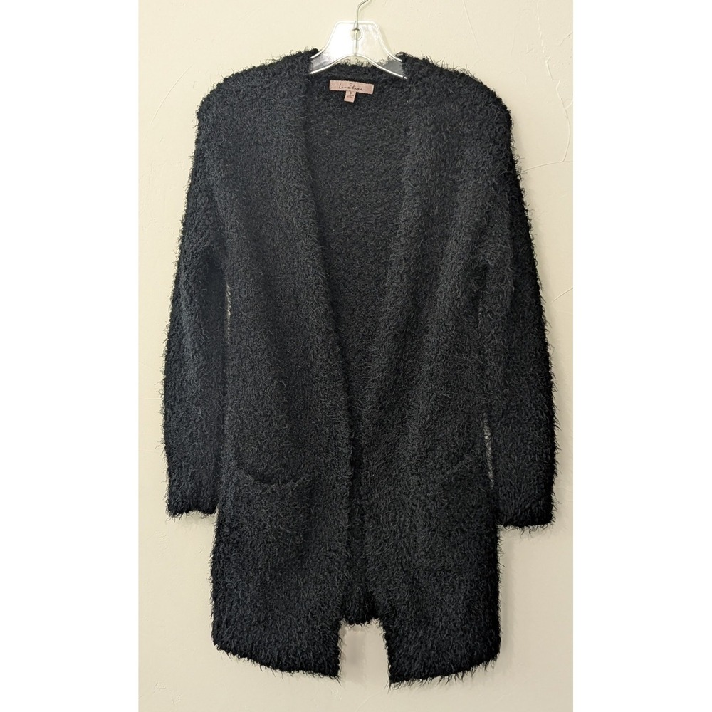 Love Tree Women's Open Cardigan‎ Small Black Fur Wool-Like Pockets Mid-Thigh